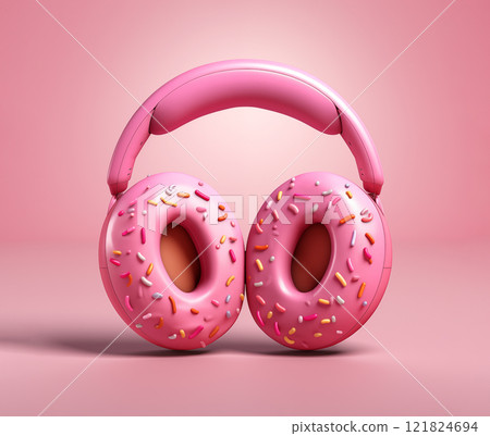 pink donuts headphones, concept food and music, Generative AI 121824694