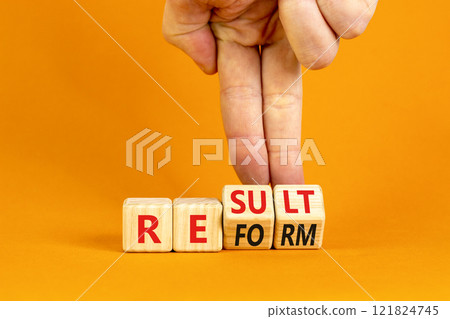 Reform and result symbol. Concept words Reform Result on beautiful wooden block. Beautiful orange table orange background. Businessman hand. Business Reform and result concept. Copy space. 121824745