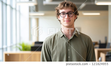 Young male professional in modern office setting focused on career goals 121824955