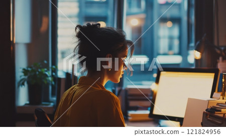 Young woman working late at office desk with computer screen lighting face 121824956
