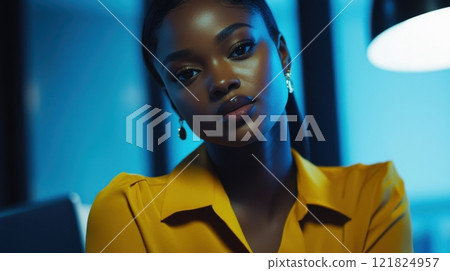 Elegant woman in yellow shirt with earrings in soft blue lighting ambiance 121824957
