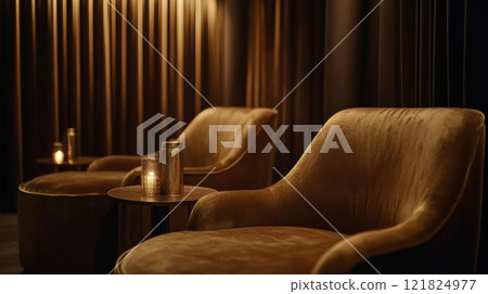 Cozy lounge chairs in dimly lit room with candlelight ambiance and curtains 121824977