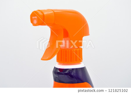 Orange blue colored plastic spray detergent bottle. Cosmetic, container Orange blue colored plastic spray detergent bottle. Cosmetic, container 121825102