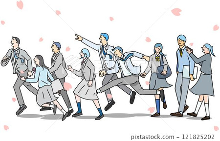 Male and female students walking and running with cherry blossoms - profile - full body - graduation - enrollment - simple line drawing of people vector illustration material 121825202