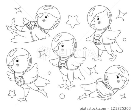 Set of cute parrots astronaut in spacesuit. 121825203