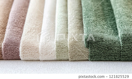 Chenille Fabric samples in various neutral colors close up arranged, texture detail, interior design palette background 121825529