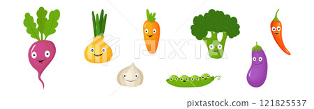 Funny Vegetable Character with Smiling Face Vector Set 121825537