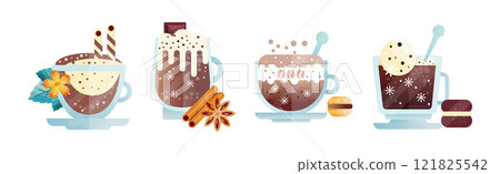 Hot Coffee and Cacao Drink in Glass with Cream and Foam Vector Set 121825542