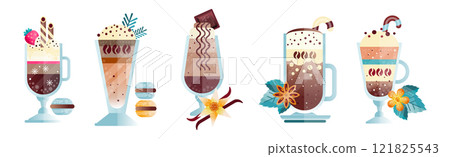 Hot Coffee and Cacao Drink in Glass with Cream and Foam Vector Set 121825543