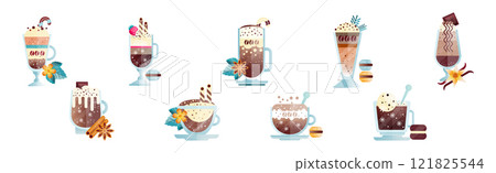 Hot Coffee and Cacao Drink in Glass with Cream and Foam Vector Set 121825544