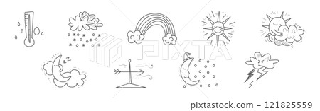 Cute Weather Line Object and Doodle Drawn Element Vector Set 121825559