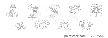 Cute Weather Line Object and Doodle Drawn Element Vector Set 121825560