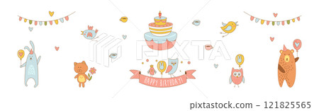Happy Birthday with Cute Baby Animal Vector Set 121825565