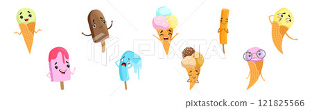Kawaii Ice Cream on Stick and Waffle Cone with Faces Vector Set 121825566