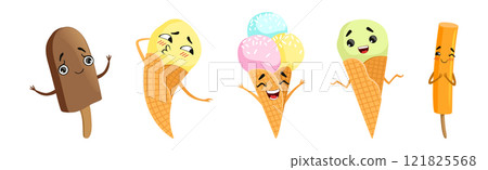 Kawaii Ice Cream on Stick and Waffle Cone with Faces Vector Set Kawaii Ice Cream on Stick and Waffle Cone with Faces Vector Set 121825568