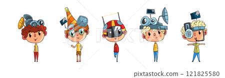 Funny Boy Character in Steampunk Headgear Vector Set Funny Boy Character in Steampunk Headgear Vector Set 121825580