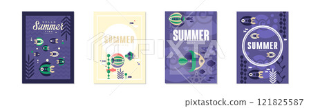 Summer Ocean and Underwater Banner with Fish Swimming in Sea Vector Set Summer Ocean and Underwater Banner with Fish Swimming in Sea Vector Set 121825587