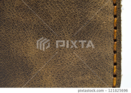 Brown leather money and credit card wallet, leather wallet sewing detail 121825696