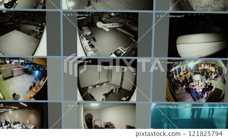 Surveillance monitor showing multiple security camera feeds across airplane hangar, office, and restaurant settings, ensuring comprehensive safety monitoring Surveillance monitor showing multiple security camera feeds across airplane hangar, office, and restaurant settings, ensuring comprehensive safety monitoring 121825794