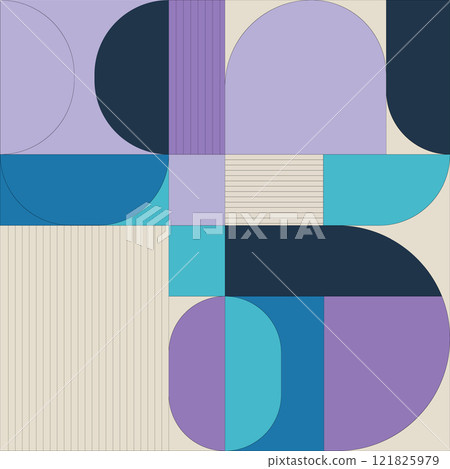 Abstract design with large circles, semicircles and lines, made in shades of purple, blue and orange colors. The composition is built on contrasts between rounded shapes and straight lines. Abstract design with large circles, semicircles and lines, made in shades of purple, blue and orange colors. The composition is built on contrasts between rounded shapes and straight lines. 121825979