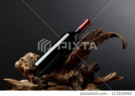 Bottle of red wine on a old snags. 121826068