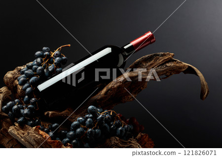 Bottle of red wine with blue grapes on old wooden snags. 121826071
