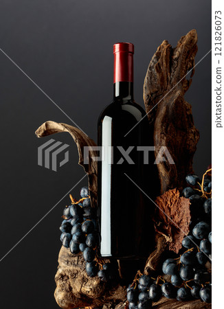 Bottle of red wine with grapes and dried-up vine leaves on old wooden snags. Bottle of red wine with grapes and dried-up vine leaves on old wooden snags. 121826073