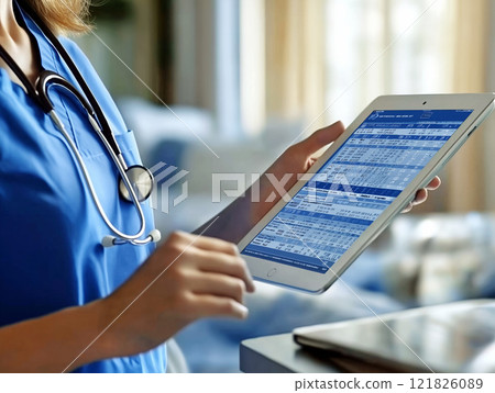 Medical professional in scrubs using a tablet to analyze patient data Medical professional in scrubs using a tablet to analyze patient data 121826089