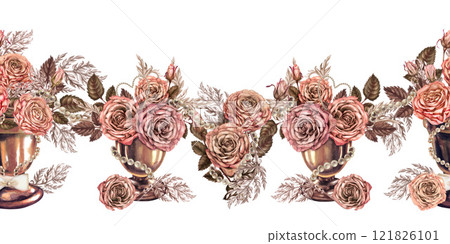 Floral seamless border. Vintage bouquets of roses in bronze vases. Pink-brown colors in the mocha mousse palette. Hand drawn botanical clipart for wedding, Valentine's Day, card, textile, web design 121826101