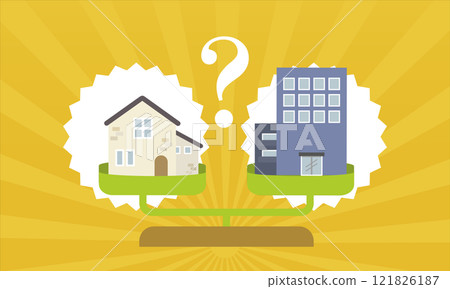 An illustration comparing a detached house and an apartment on a scale 121826187