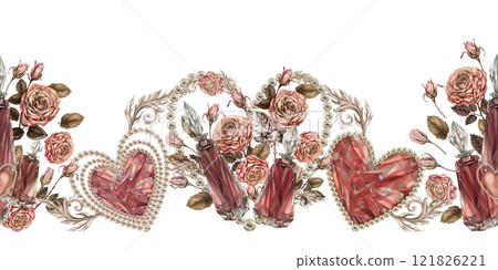 Seamless border. Vintage bottles of perfume, roses, crystal hearts. Pink-brown colors in mocha-mousse palette. Botanical clipart for wedding, Valentine's Day, card, textile, fabric, ribbon, web design Seamless border. Vintage bottles of perfume, roses, crystal hearts. Pink-brown colors in mocha-mousse palette. Botanical clipart for wedding, Valentine's Day, card, textile, fabric, ribbon, web design 121826221