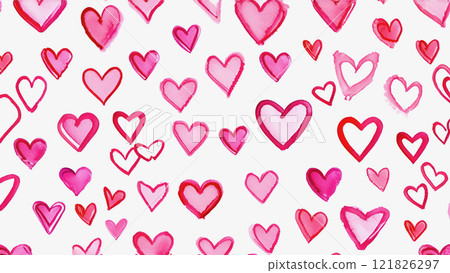 Pattern of hand-painted pink watercolor hearts, diffrent shapes, a charming and artistic design for card 121826297