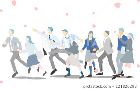 男女學生伴著櫻花行走奔跑-簡介-全身-畢業-入學-人物簡單線描矢量圖素材 121826298
