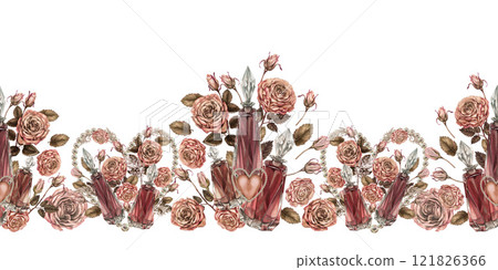 Seamless border. Vintage bottles of perfume, roses, crystal hearts. Pink-brown colors in mocha-mousse palette. Botanical clipart for wedding, Valentine's Day, card, textile, fabric, ribbon, web design Seamless border. Vintage bottles of perfume, roses, crystal hearts. Pink-brown colors in mocha-mousse palette. Botanical clipart for wedding, Valentine's Day, card, textile, fabric, ribbon, web design 121826366