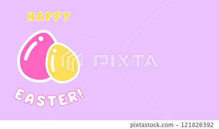 Two colorful Easter eggs, yellow and pink, with Happy Easter text on purple background. Easter celebration greeting card design with copy space 121826392