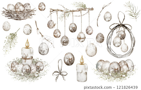 Easter watercolor illustration of vintage candles and willow twigs. A hand-drawn collection featuring religious symbols, perfect for holiday postcards or spring celebrations. Easter watercolor illustration of vintage candles and willow twigs. A hand-drawn collection featuring religious symbols, perfect for holiday postcards or spring celebrations. 121826439