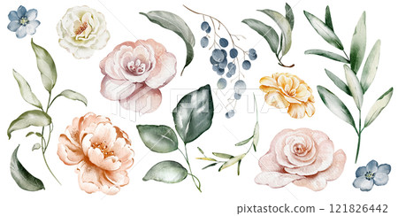 Watercolor clip art of flowers and greenery. Illustration botanical elements featuring pastel roses, peonies, and leaves. For wedding decor, invitations, or nature designs. Elegant and romantic art. Watercolor clip art of flowers and greenery. Illustration botanical elements featuring pastel roses, peonies, and leaves. For wedding decor, invitations, or nature designs. Elegant and romantic art. 121826442