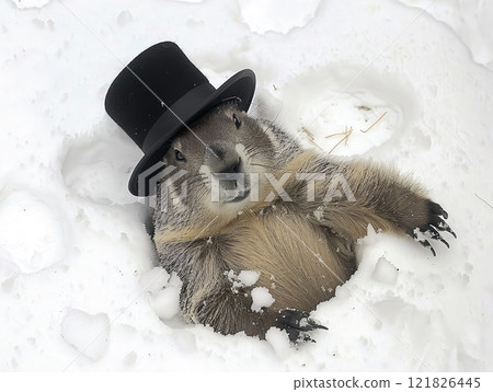 A charming groundhog in a top hat joyfully emerges in a snowy landscape, perfect for seasonal themes 121826445