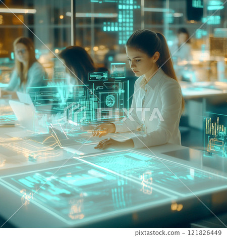 A female data scientist looking at and analyzing economic data projected on a hologram_2 121826449