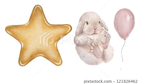 Watercolor Bunny, Rabbit, hare with star and balloon set 121826462