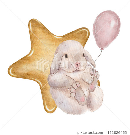 Watercolor Bunny, Rabbit, hare with star and balloon 121826463