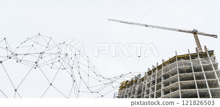 Construction technology banner background. Construction site with cranes, fittings and concrete. 121826503