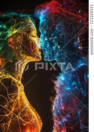 Illustration of two figures merging with vibrant colors representing energy at an abstract setting. Illustration of two figures merging with vibrant colors representing energy at an abstract setting. 121826541