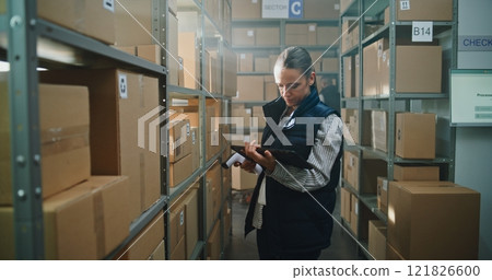 Female Warehouse Associate Scans Cardboard Boxes, Checks Inventory Using Tablet Computer Female Warehouse Associate Scans Cardboard Boxes, Checks Inventory Using Tablet Computer 121826600
