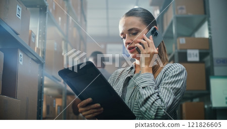 Female Manager Talks with Client on Phone, Uses Tablet Computer in Warehouse 121826605