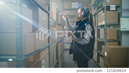 Female Inventory Manager Wearing Headset Scans Parcels in Warehouse Facility Female Inventory Manager Wearing Headset Scans Parcels in Warehouse Facility 121826624