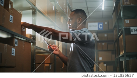 African American Sorting Center Employee Scans Package in Warehouse Facility Using Smartphone African American Sorting Center Employee Scans Package in Warehouse Facility Using Smartphone 121826637