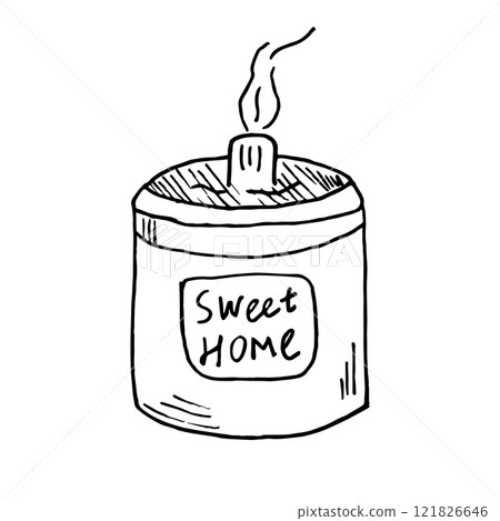 Scented candle in a jar with a label, hand-drawn vector illustration in doodle style. A linear drawing of a candle with the inscription Sweet Home. 121826646