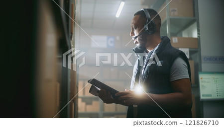 Warehouse Employee in Headset Working in Delivery Service of E-Commerce Store 121826710