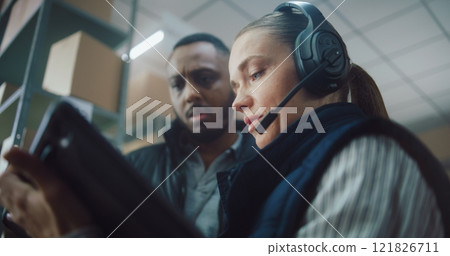 Female Logistics Manager Uses Tablet Computer in Warehouse Facility, African American Supervisor Talks 121826711